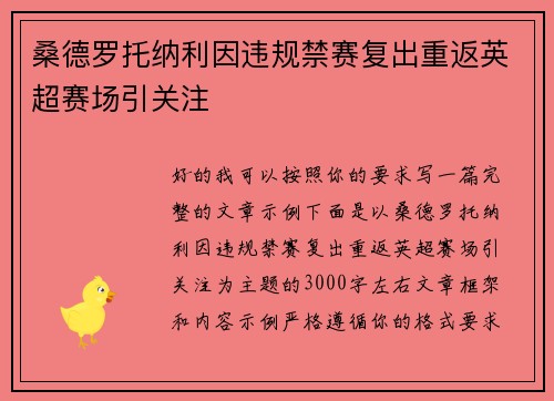 桑德罗托纳利因违规禁赛复出重返英超赛场引关注